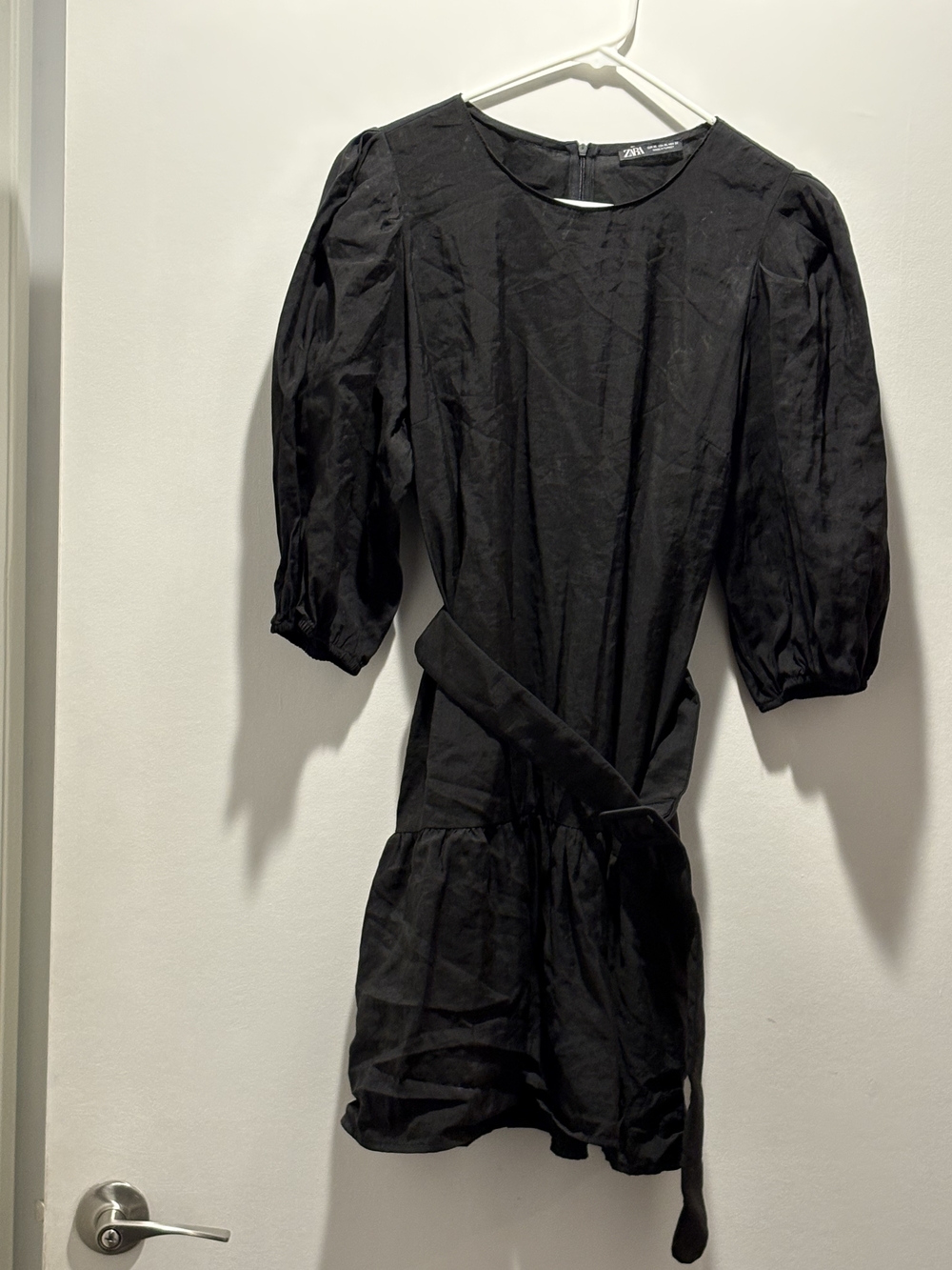 Zara Black Puff-Sleeve Belted Mini Dress